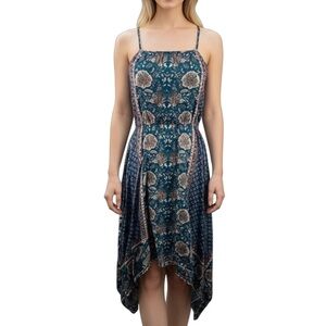 Angie Boho Floral Casual Asymmetrical Open Back Halter Midi Dress Medium Blue